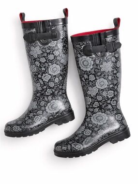 Capelli Waterproof Rubber Rain Boots Black Gray Floral Size 9
